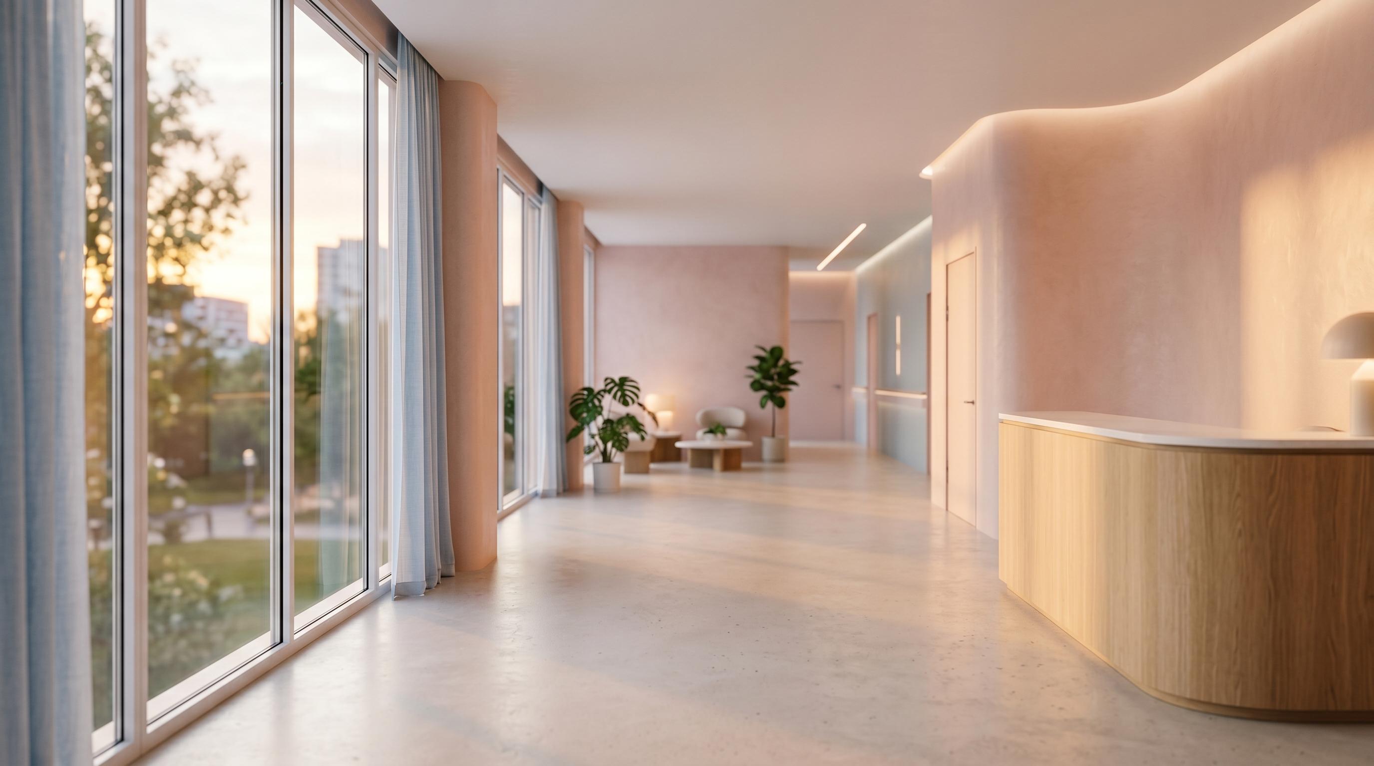 A calm, softly lit modern clinic interior